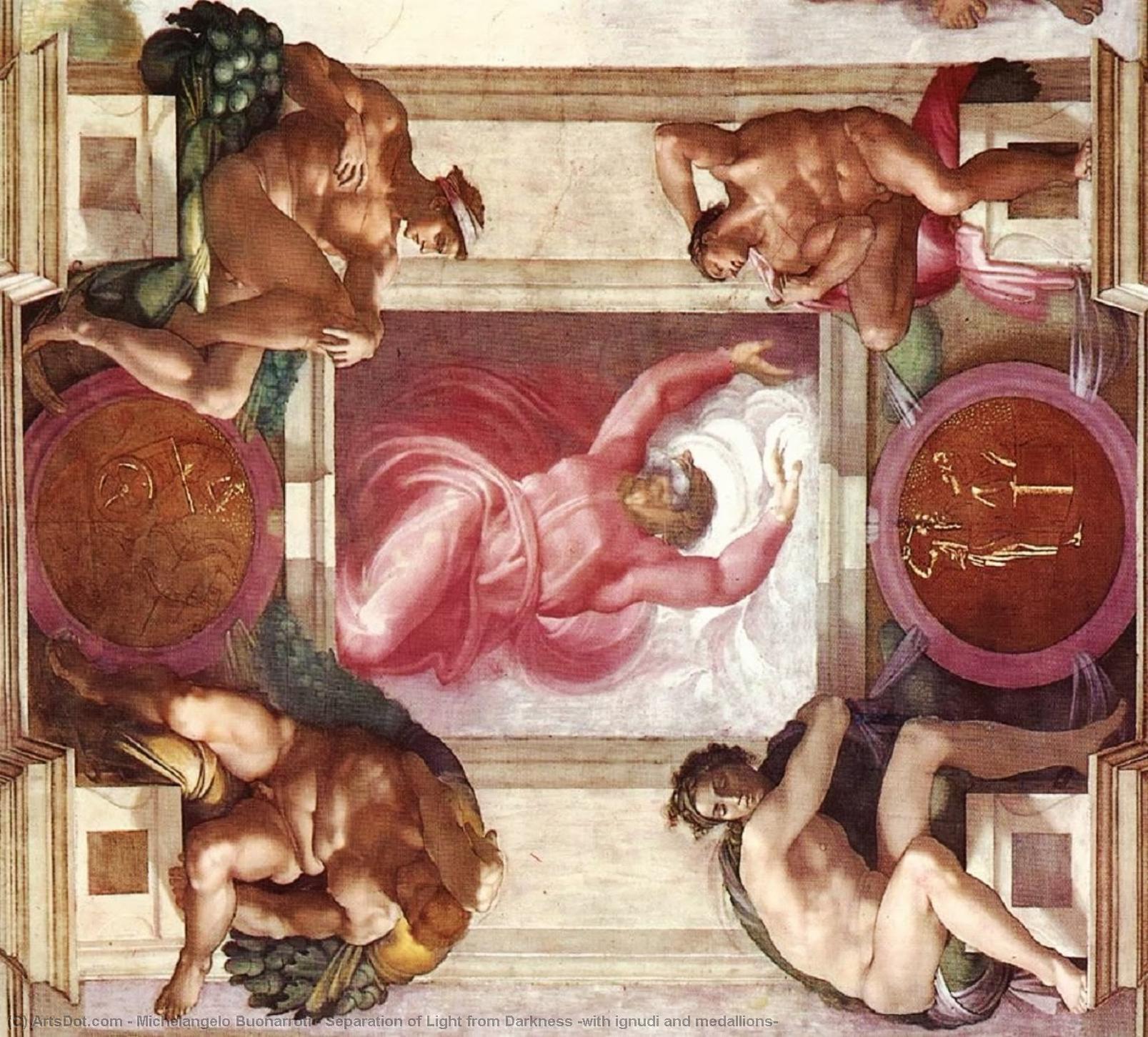 WikiOO.org - Enciclopedia of Fine Arts - Pictura, lucrări de artă Michelangelo Buonarroti - Separation of Light from Darkness (with ignudi and medallions)