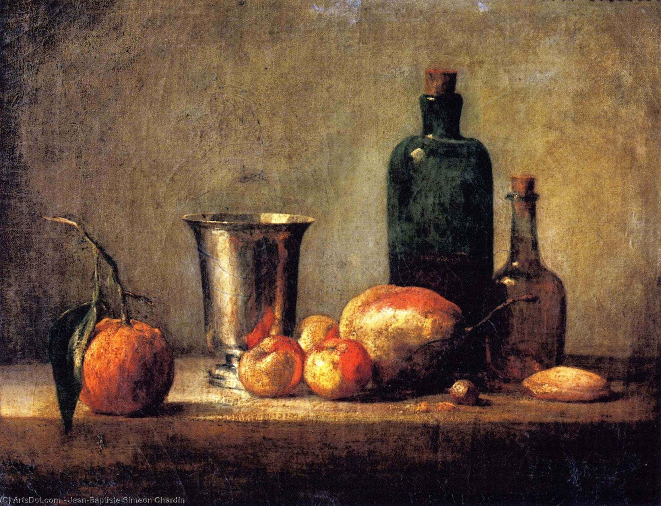 WikiOO.org - Encyclopedia of Fine Arts - Maleri, Artwork Jean-Baptiste Simeon Chardin - Seville Orange, Silver Goblet, Apples, Pear and Two Bottles