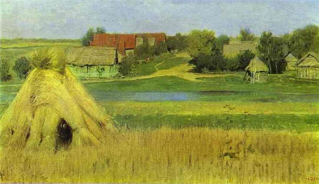 Wikioo.org - The Encyclopedia of Fine Arts - Painting, Artwork by Isaak Ilyich Levitan - Sheaves and a Village Beyond the River
