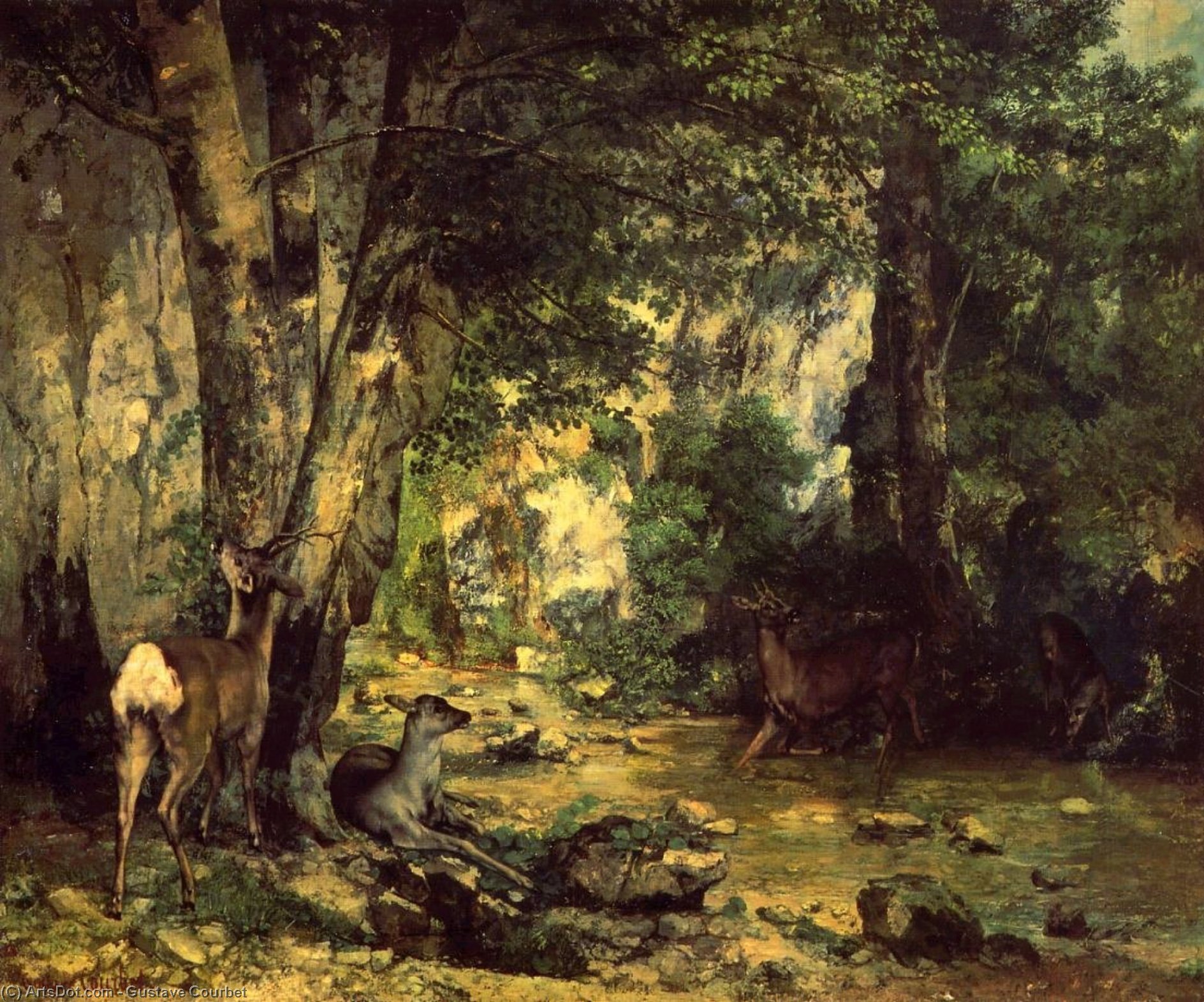 Wikoo.org - موسوعة الفنون الجميلة - اللوحة، العمل الفني Gustave Courbet - The Shelter of the Roe Deer at the Stream of Plaisir-Fontaine, Doubs
