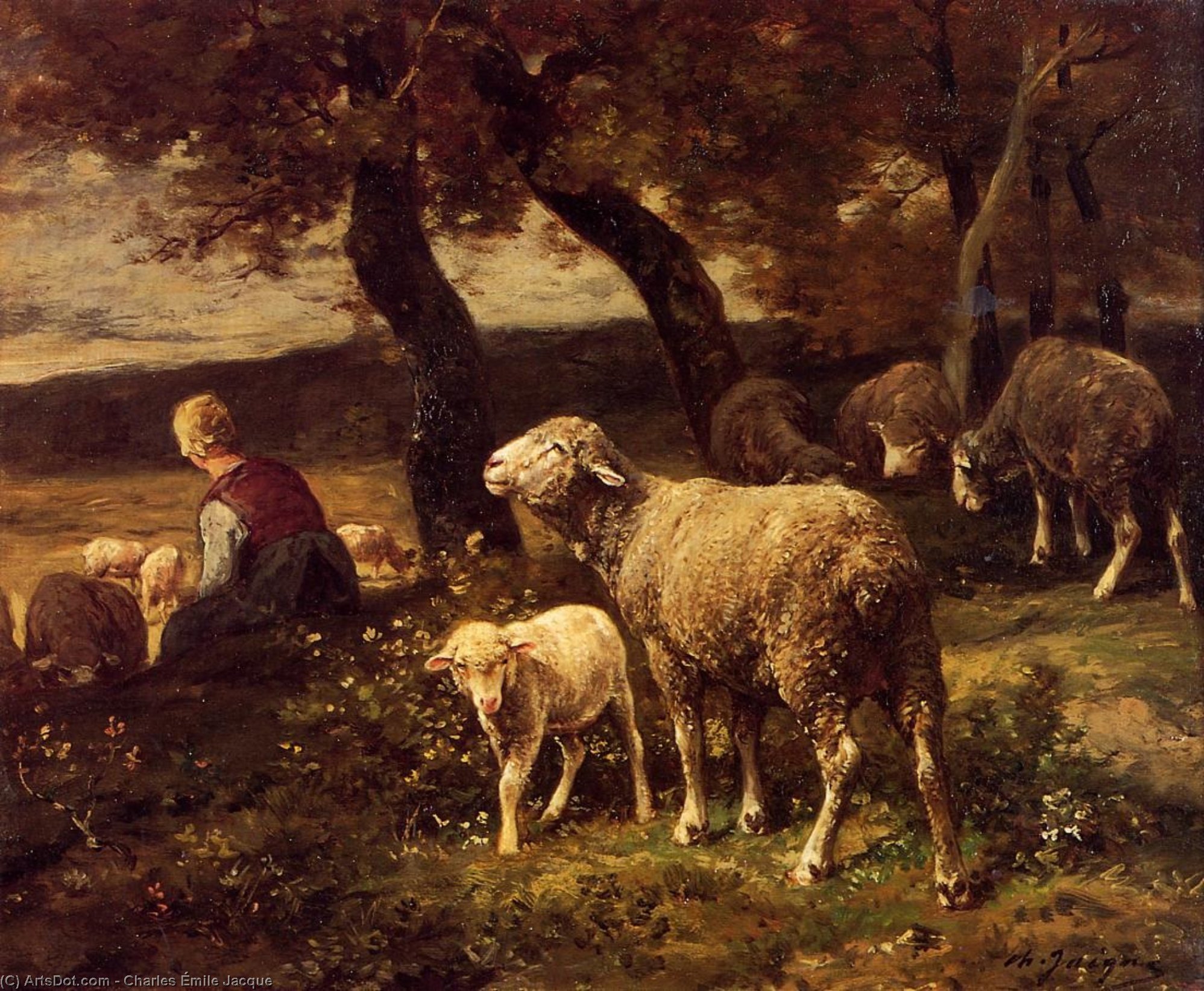 WikiOO.org - Εγκυκλοπαίδεια Καλών Τεχνών - Ζωγραφική, έργα τέχνης Charles Émile Jacque - Shepherdess and Sheep