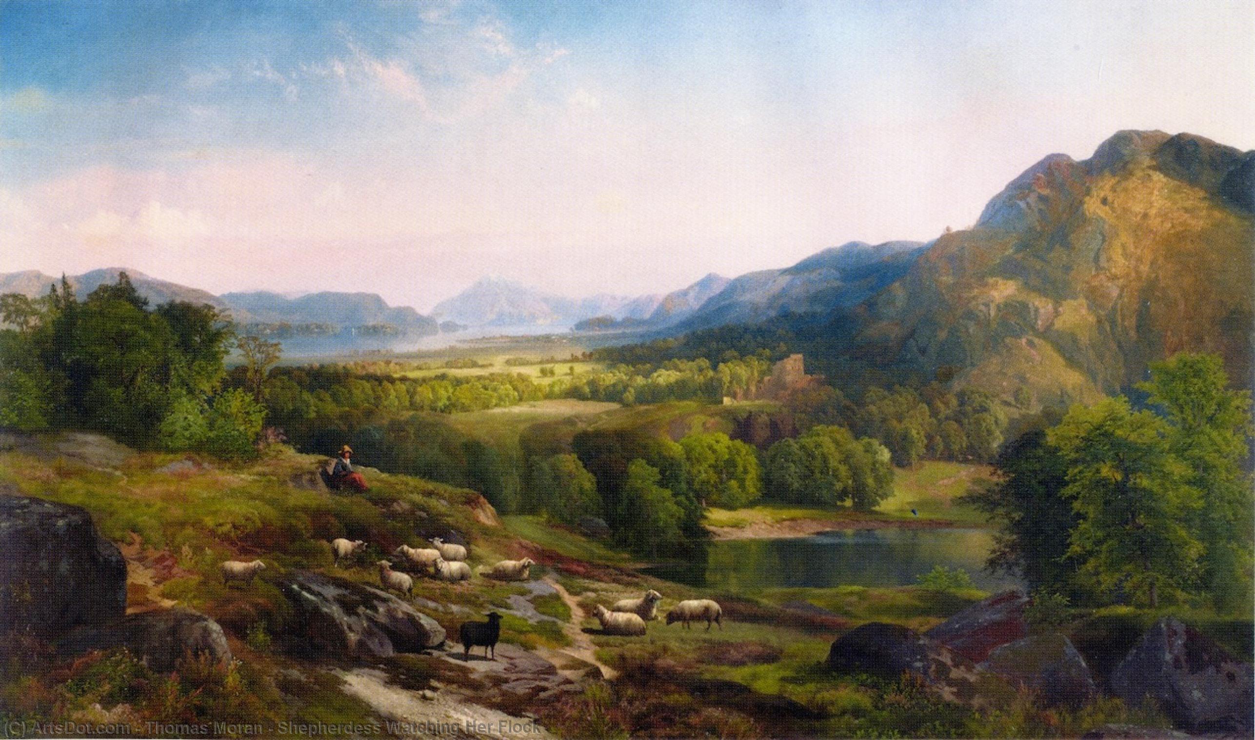 WikiOO.org - 백과 사전 - 회화, 삽화 Thomas Moran - Shepherdess Watching Her Flock