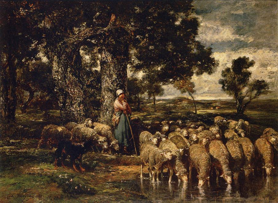 Wikioo.org – L'Encyclopédie des Beaux Arts - Peinture, Oeuvre de Charles Émile Jacque - Une bergère avec son troupeau