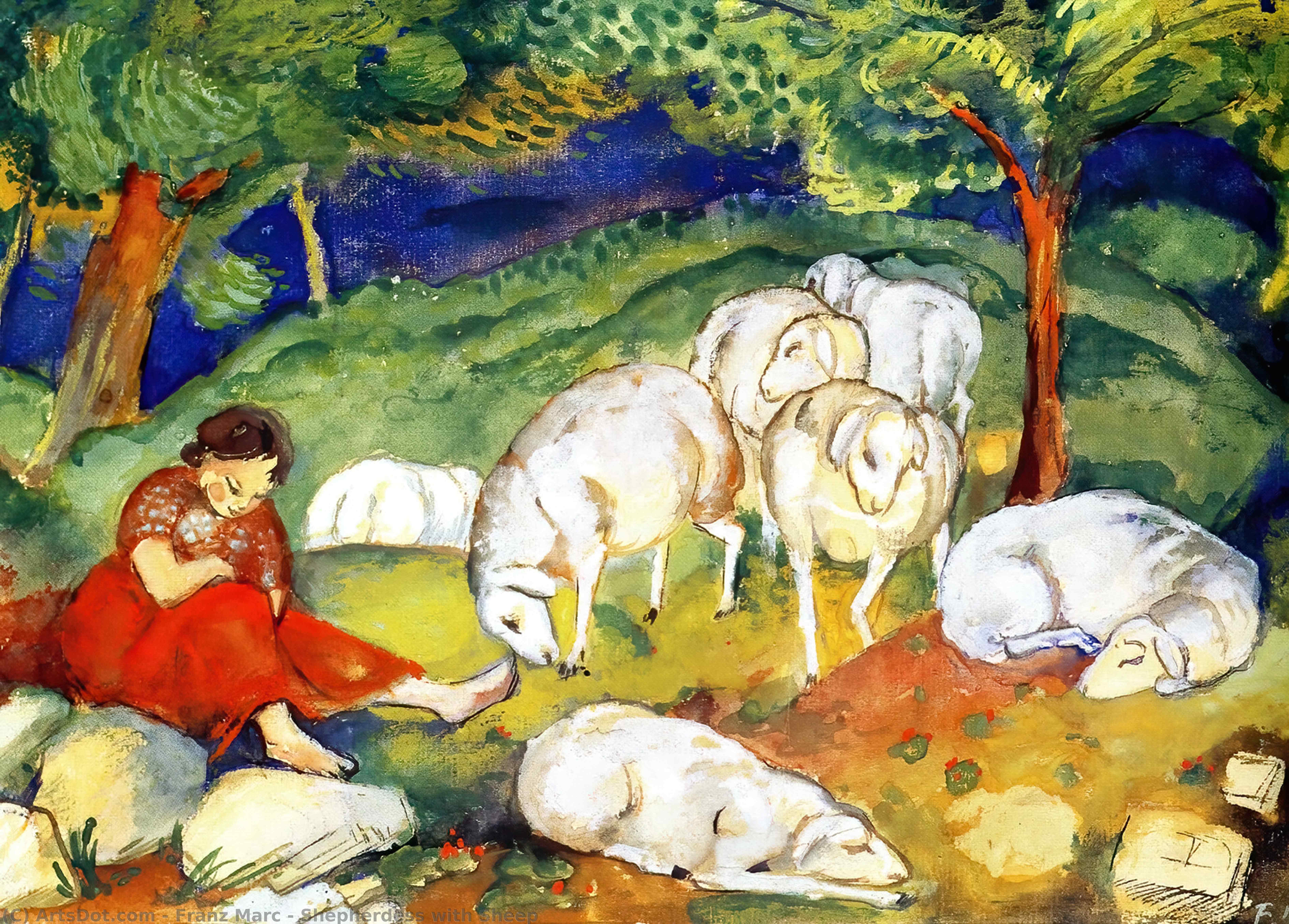 Wikoo.org - موسوعة الفنون الجميلة - اللوحة، العمل الفني Franz Marc - Shepherdess with Sheep