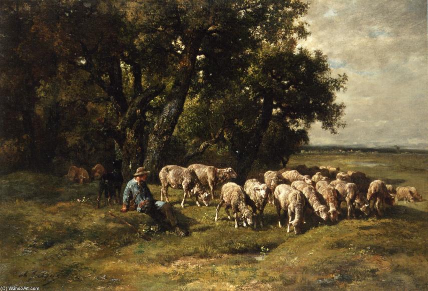 Wikoo.org - موسوعة الفنون الجميلة - اللوحة، العمل الفني Charles Émile Jacque - A Shepherd with His Flock