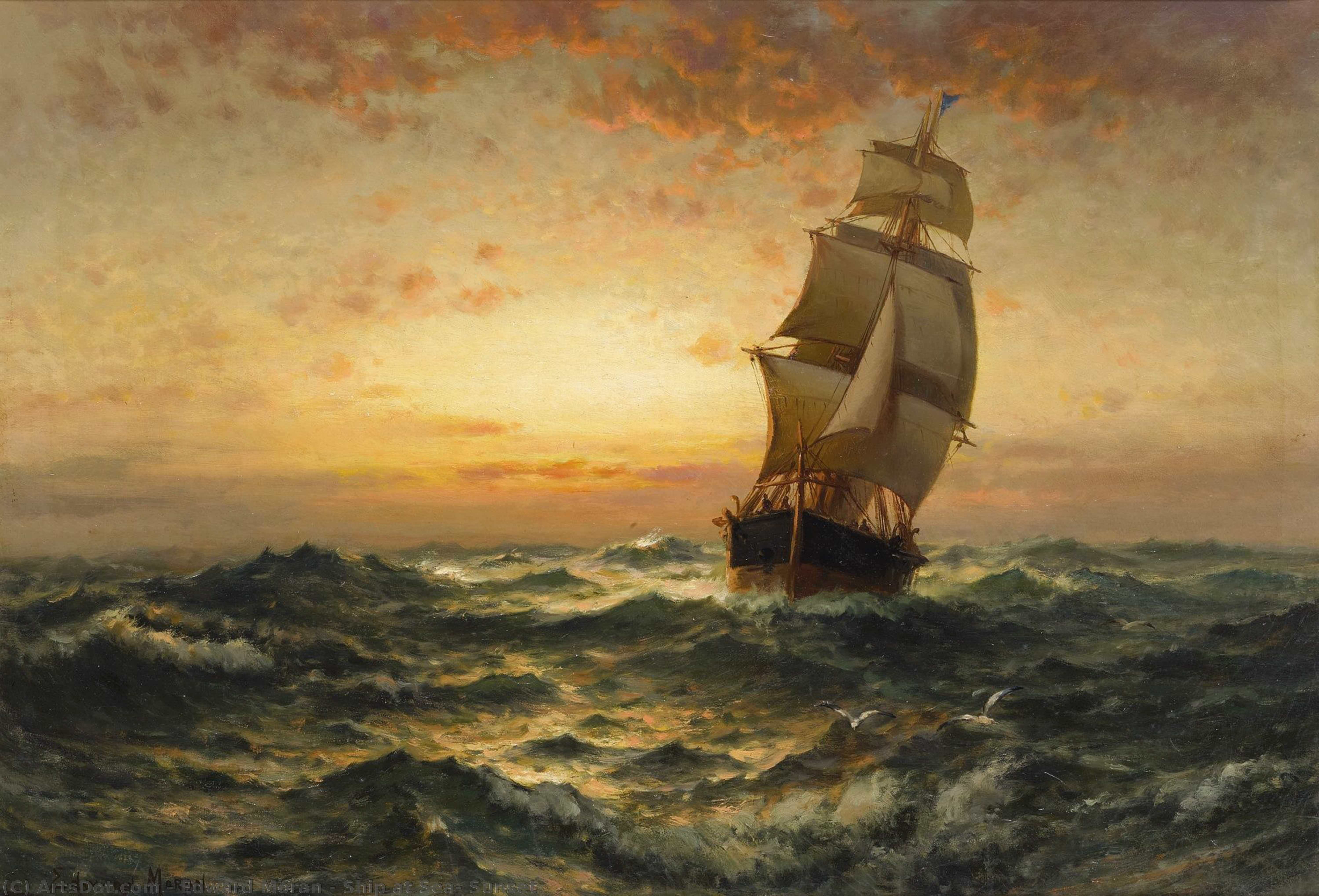 WikiOO.org - אנציקלופדיה לאמנויות יפות - ציור, יצירות אמנות Edward Moran - Ship at Sea, Sunset