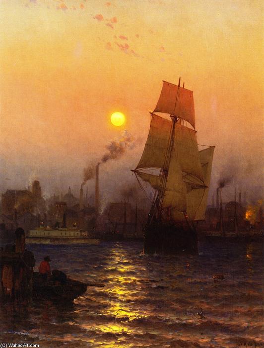 Wikioo.org - The Encyclopedia of Fine Arts - Painting, Artwork by Maurits Frederik Hendrik De Haas - Shipping in Harbor by Moonlight