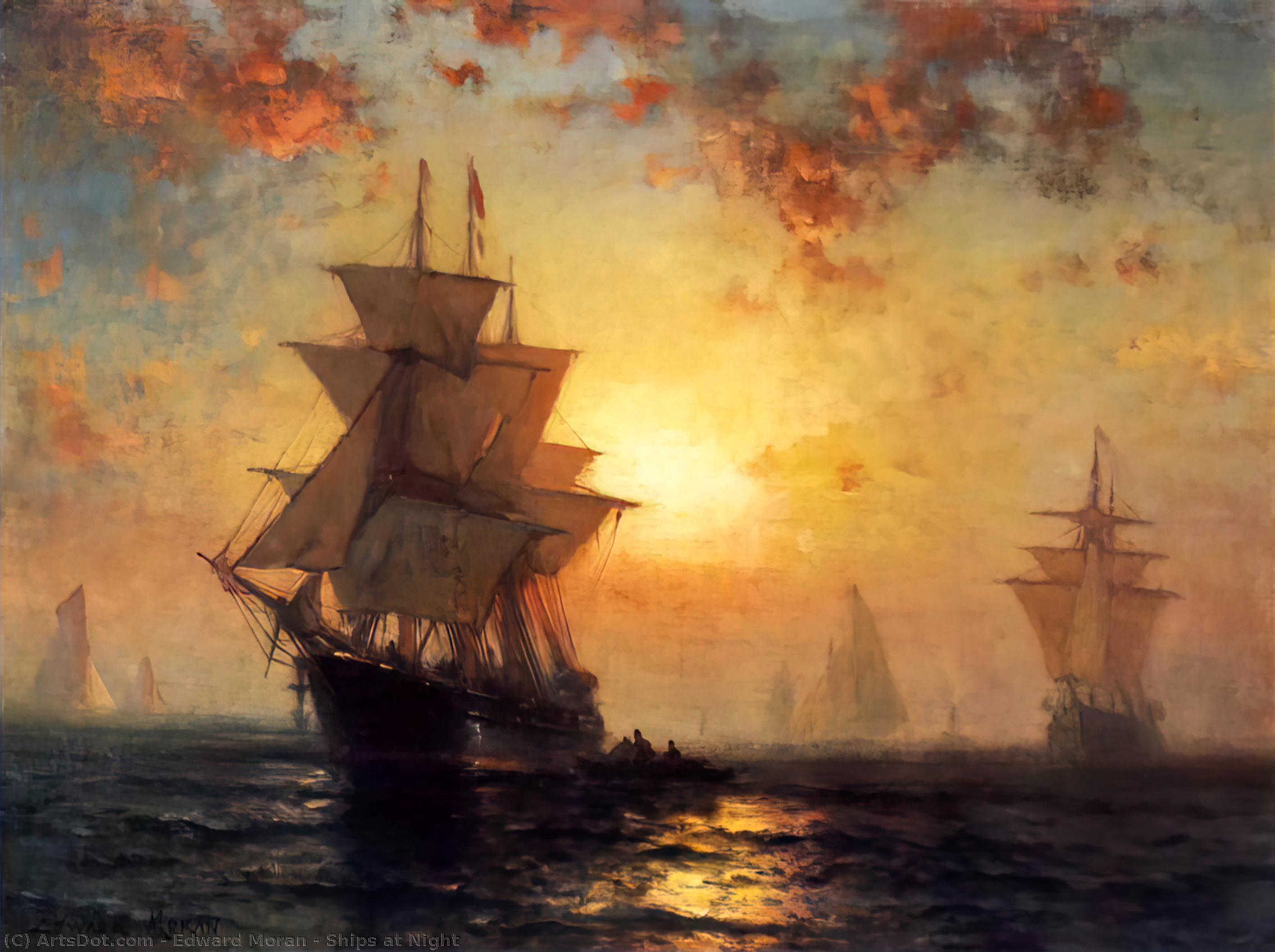 Wikioo.org - The Encyclopedia of Fine Arts - Painting, Artwork by Edward Moran - Ships at Night
