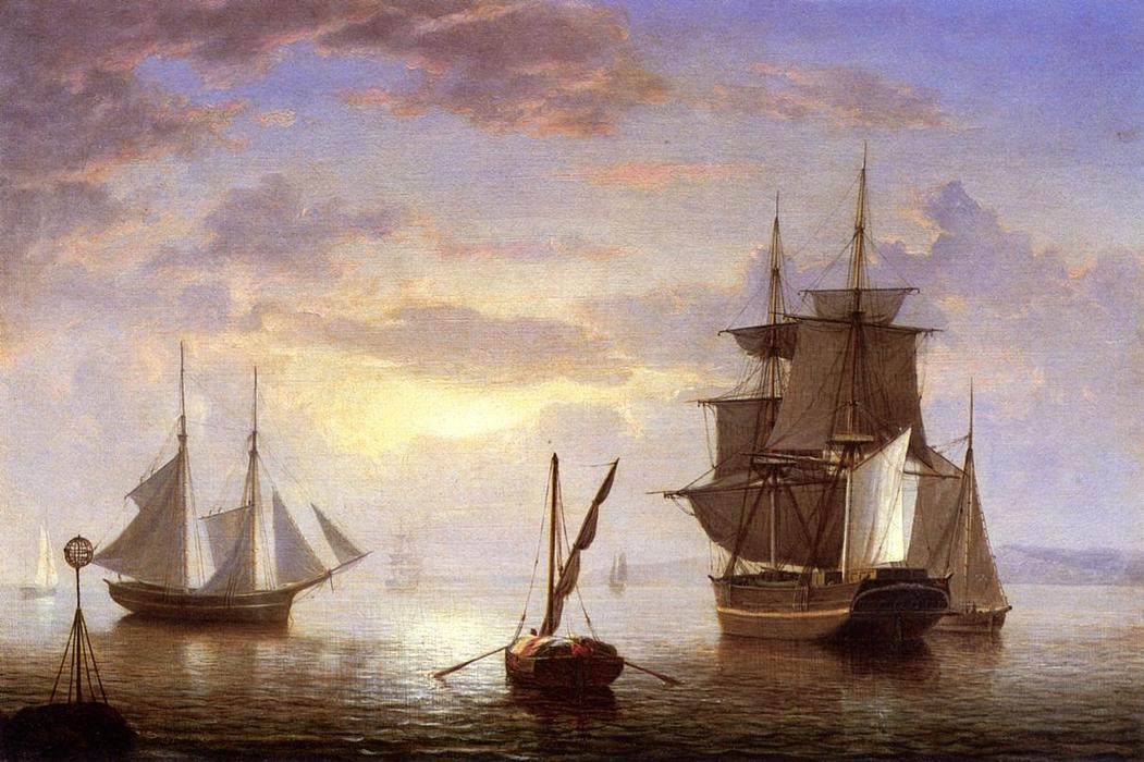 Wikioo.org - The Encyclopedia of Fine Arts - Painting, Artwork by Fitz Hugh Lane - Ships in a Harbor, Sunrise (also known as Ships off Massachusetts Coast)