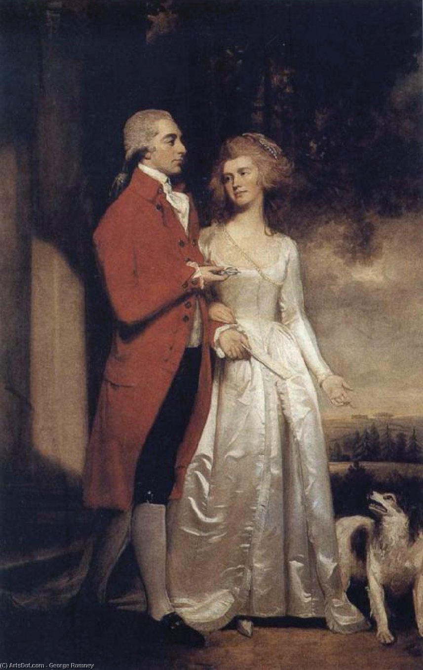 Wikioo.org - The Encyclopedia of Fine Arts - Painting, Artwork by George Romney - Sir Christopher and Lady Sykes strolling in the garden at Sledmere