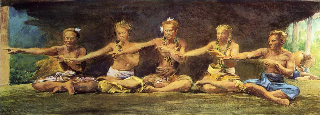 Wikioo.org - The Encyclopedia of Fine Arts - Painting, Artwork by John La Farge - Siva Dance, Five Figures, Vaiala, Samoa, Taele Weeping in the Corner