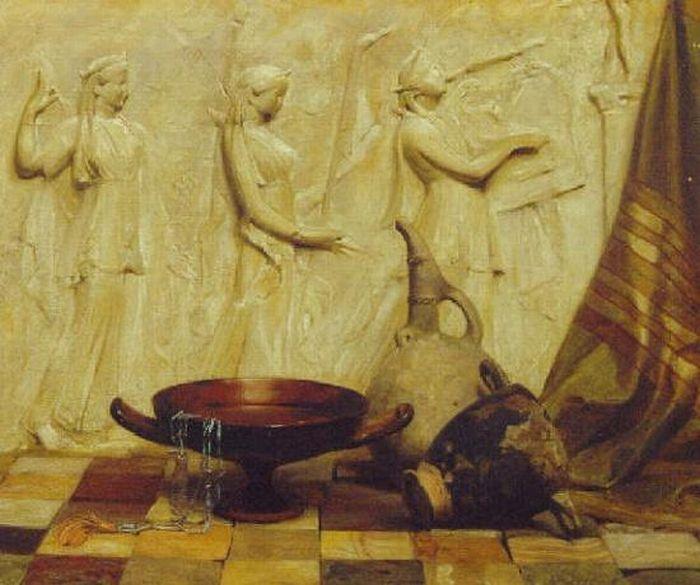 WikiOO.org - Encyclopedia of Fine Arts - Lukisan, Artwork Arthur Hacker - A skyphos, a kylix, a wine jug, and an Egyptian necklace before a Greek frieze, on marble tiles