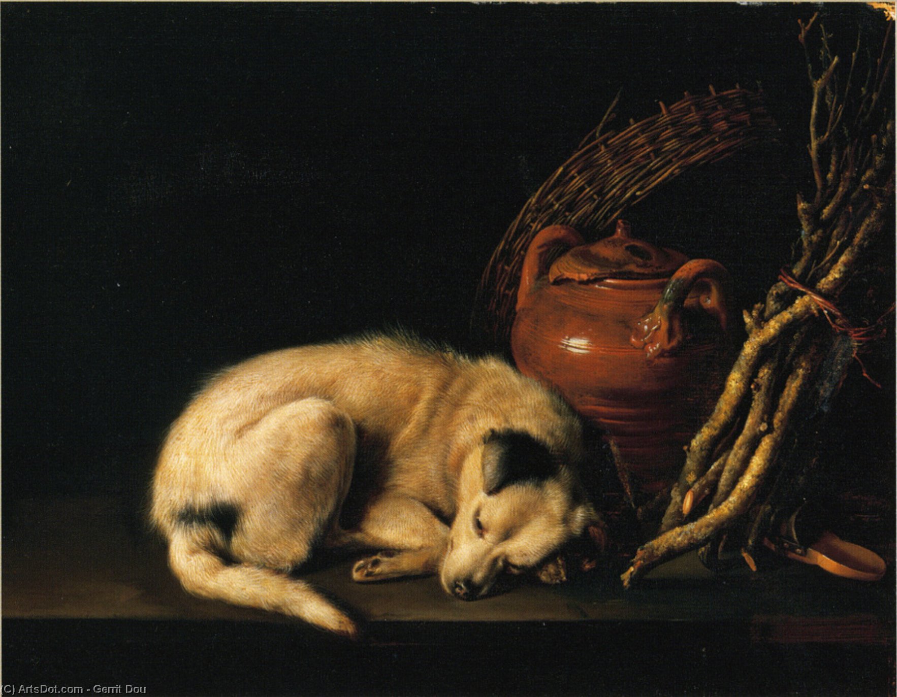 Wikioo.org - The Encyclopedia of Fine Arts - Painting, Artwork by Gerrit (Gérard) Dou - A Sleeping Dog Beside a Terracotta Jug, a Basket, and a Pile of Kindling Wood