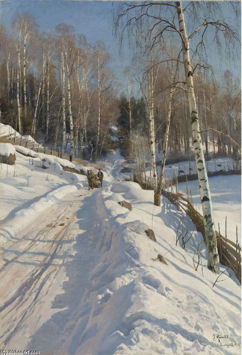 Wikioo.org - The Encyclopedia of Fine Arts - Painting, Artwork by Peder Mork Monsted - Sleigh ride on a Sunny Winter Day