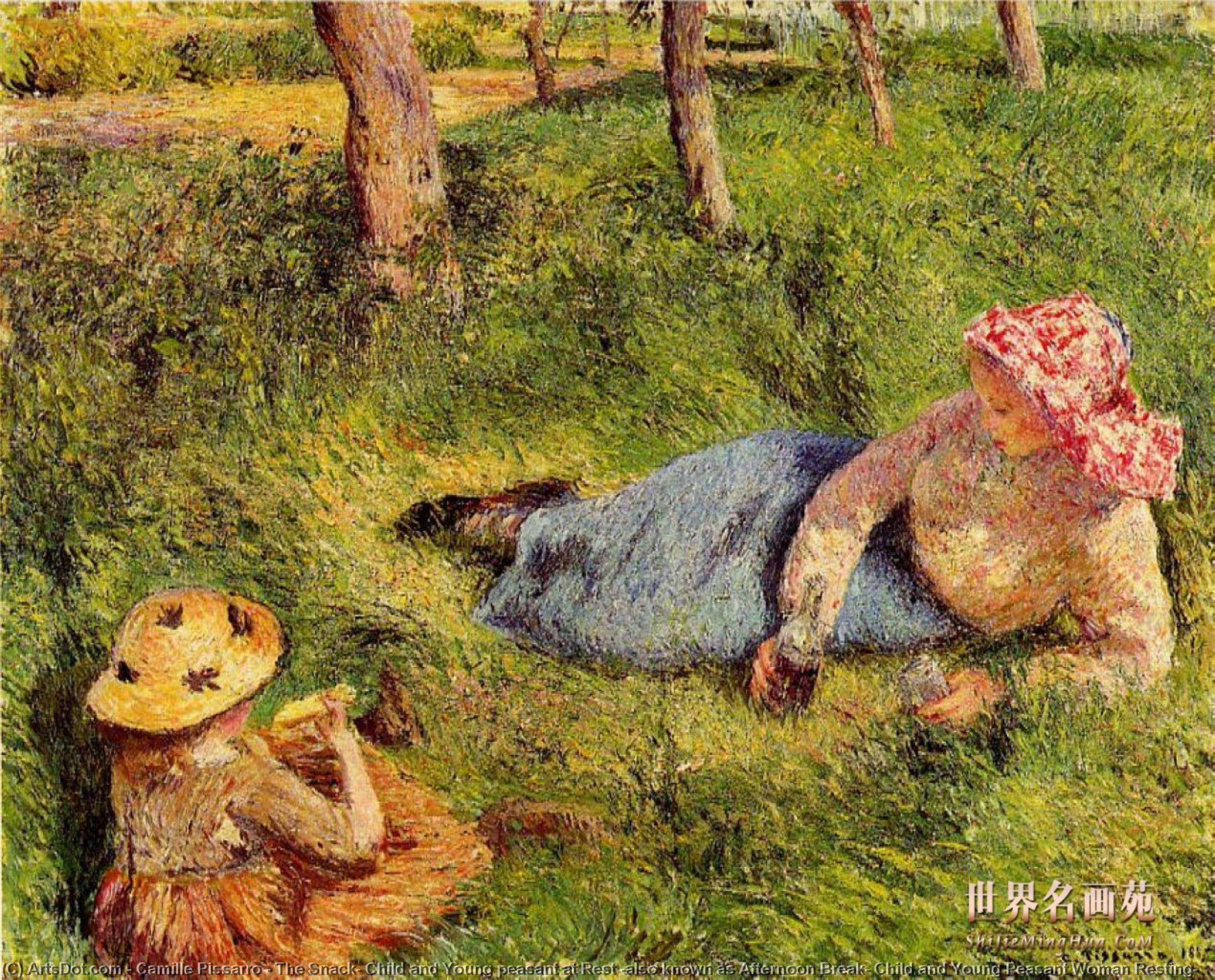 WikiOO.org – 美術百科全書 - 繪畫，作品 Camille Pissarro - 小吃店 , 子女 年轻 农民 在休息 ( 也被称为 下午 休息 , 子女 年轻  农民 女性 休息 )