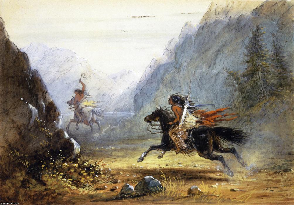 Wikioo.org - The Encyclopedia of Fine Arts - Painting, Artwork by Alfred Jacob Miller - Snake Indian Pursuing a Crow Horse Thief