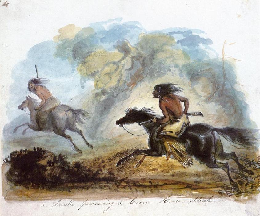 Wikioo.org - The Encyclopedia of Fine Arts - Painting, Artwork by Alfred Jacob Miller - A Snake Pursuing a Crow Horse Stealer