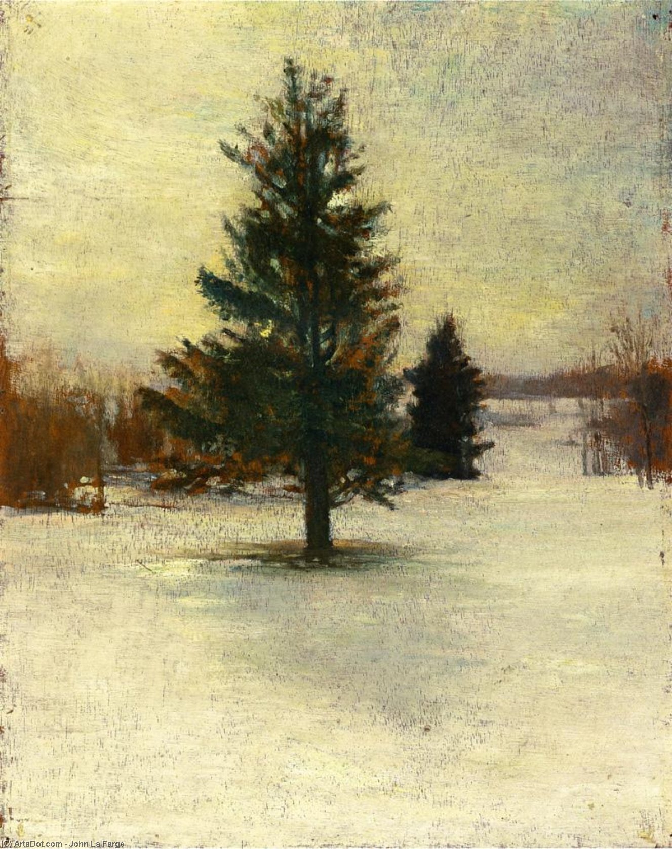 Wikioo.org - The Encyclopedia of Fine Arts - Painting, Artwork by John La Farge - Snow, Sketch: Hillside with Cedars, Evening