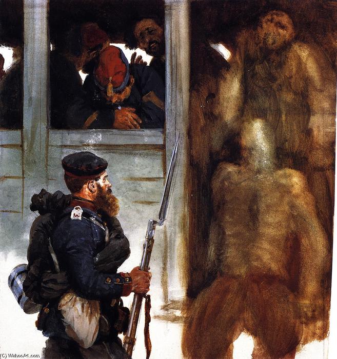 Wikioo.org - The Encyclopedia of Fine Arts - Painting, Artwork by Adolph Menzel - Soldier of the Prussian Landwehr and French Prisoners