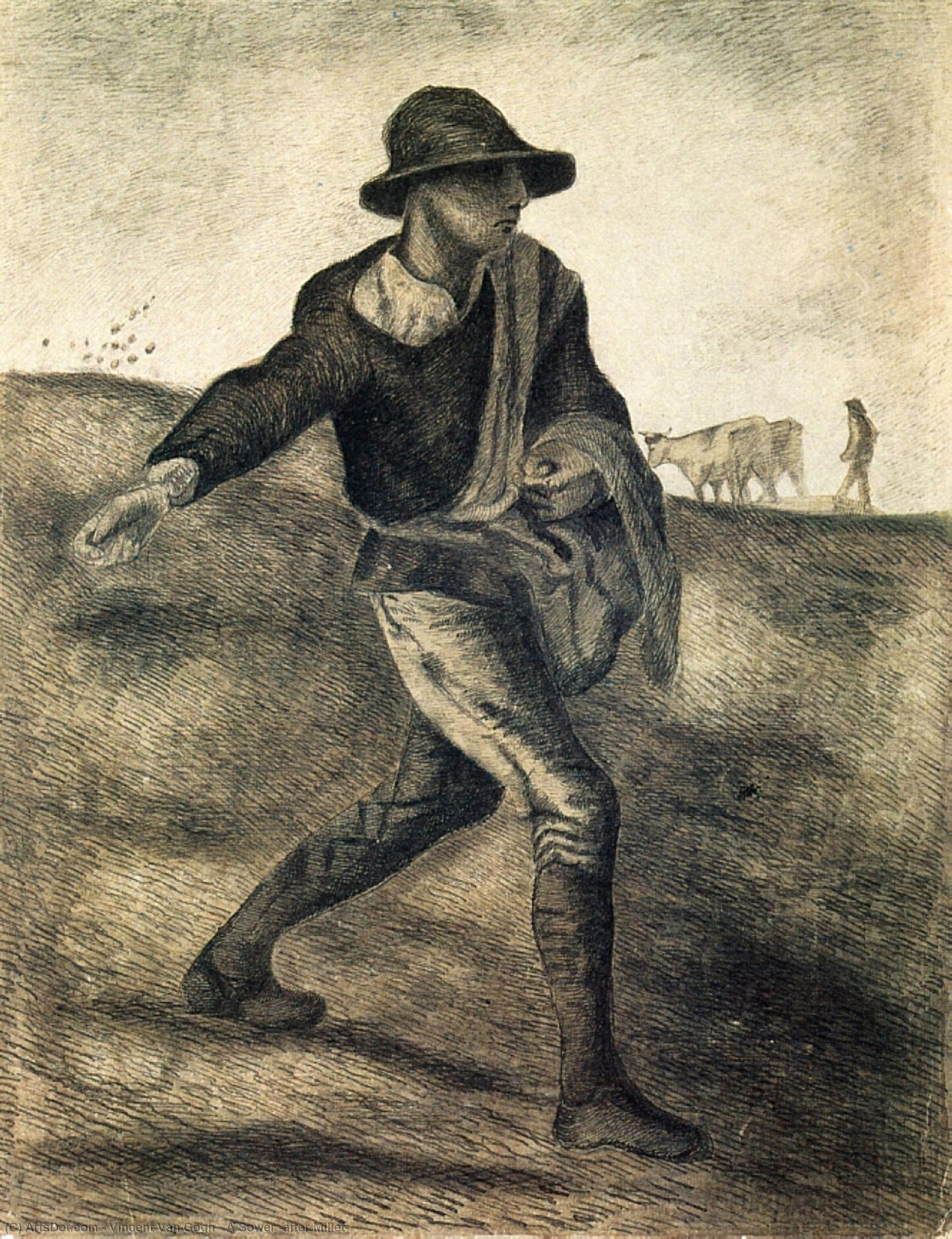 WikiOO.org - Encyclopedia of Fine Arts - Schilderen, Artwork Vincent Van Gogh - A Sower (after Millet)
