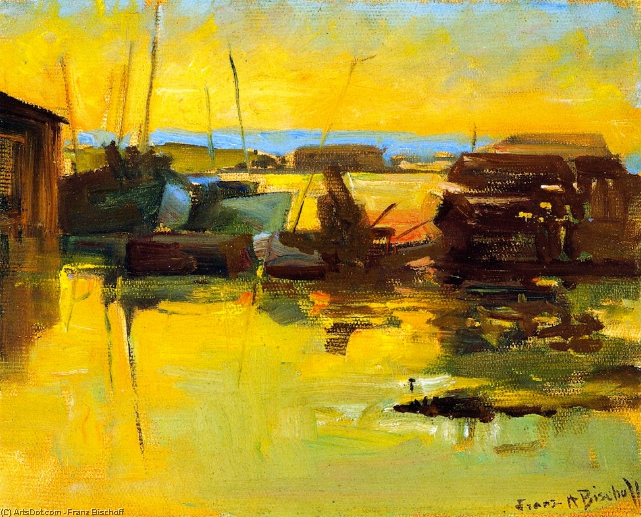 Wikioo.org - The Encyclopedia of Fine Arts - Painting, Artwork by Franz Bischoff - San Pedro Harbor, Sunset