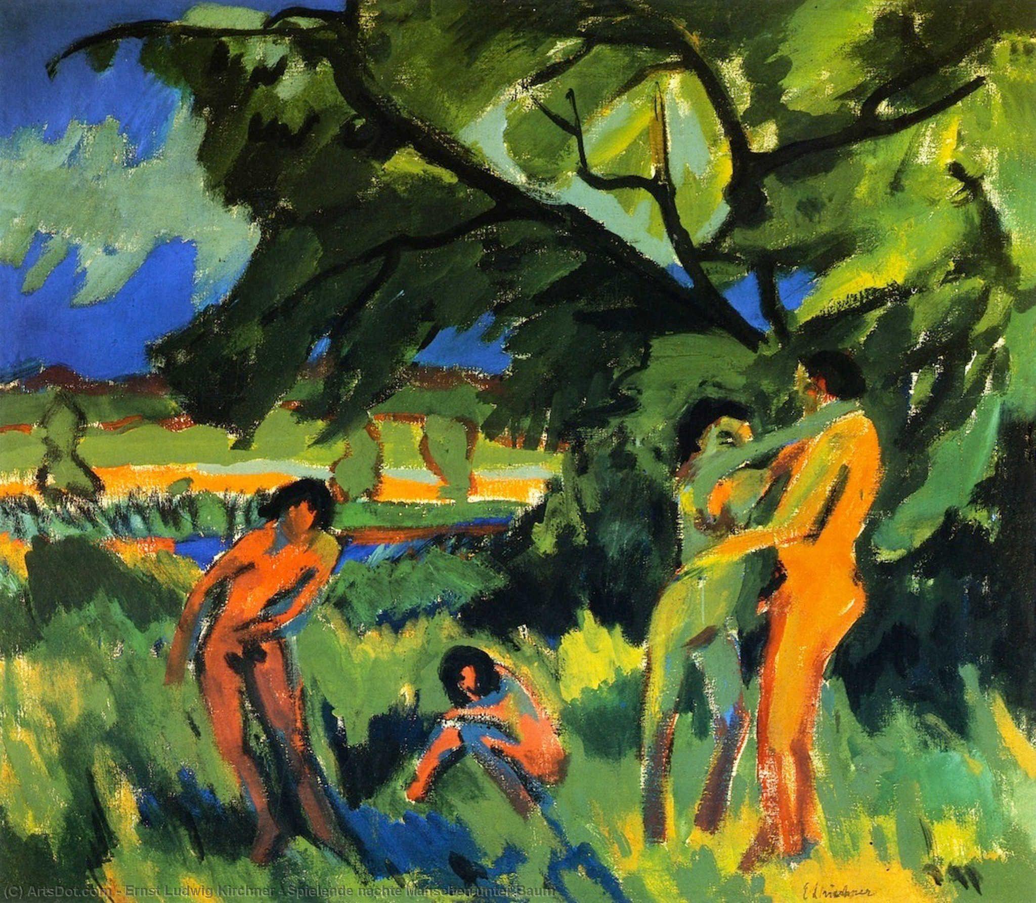 Wikioo.org - The Encyclopedia of Fine Arts - Painting, Artwork by Ernst Ludwig Kirchner - Spielende nachte Manschen unter Baum