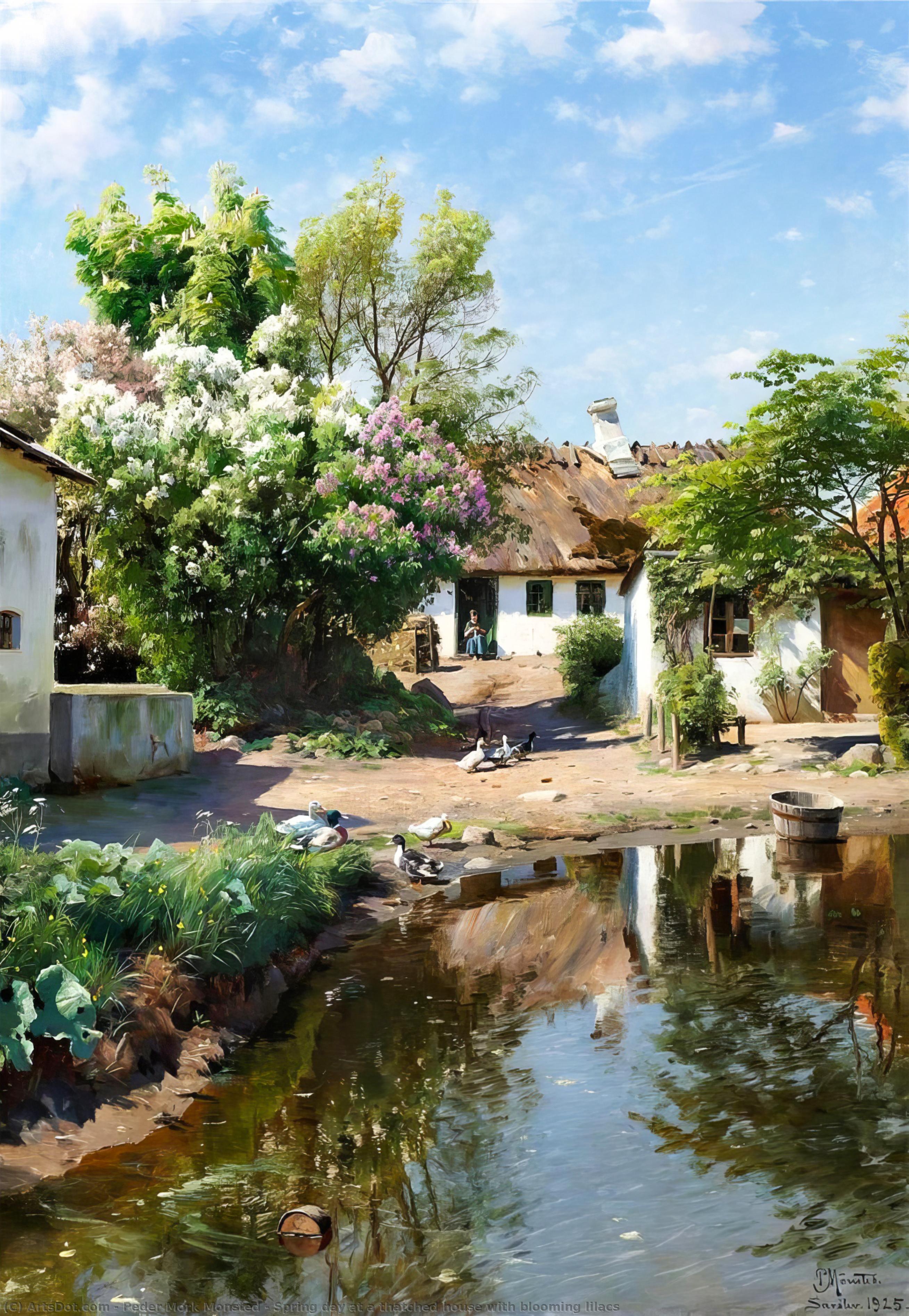 Wikioo.org - The Encyclopedia of Fine Arts - Painting, Artwork by Peder Mork Monsted - Spring day at a thatched house with blooming lilacs
