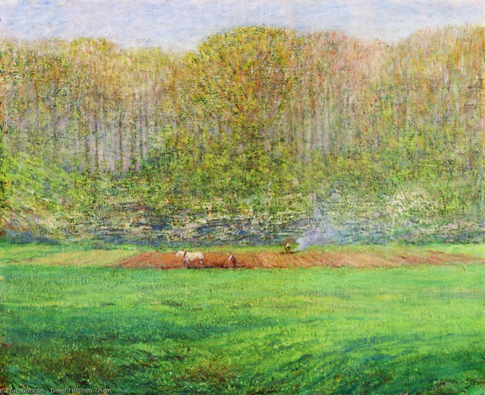 WikiOO.org - Εγκυκλοπαίδεια Καλών Τεχνών - Ζωγραφική, έργα τέχνης Dwight William Tryon - Spring Landscape with a Farmer and White Horse