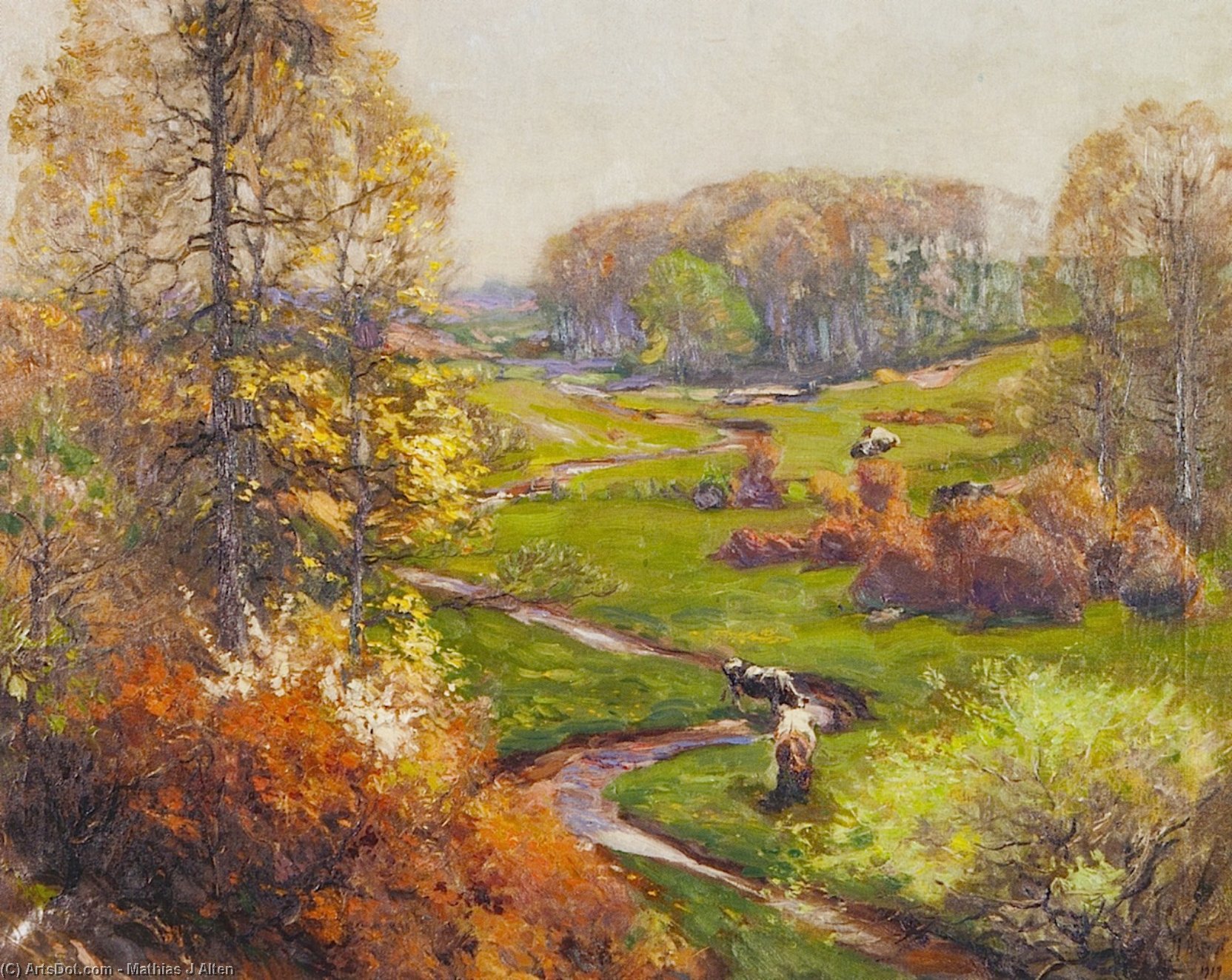 Wikioo.org - The Encyclopedia of Fine Arts - Painting, Artwork by Mathias Joseph Alten - Spring Landscape with Meandering Stream and Cows