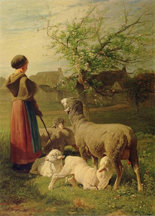 Wikioo.org - The Encyclopedia of Fine Arts - Painting, Artwork by Charles Émile Jacque - Springtime (also known as Le Printemps)