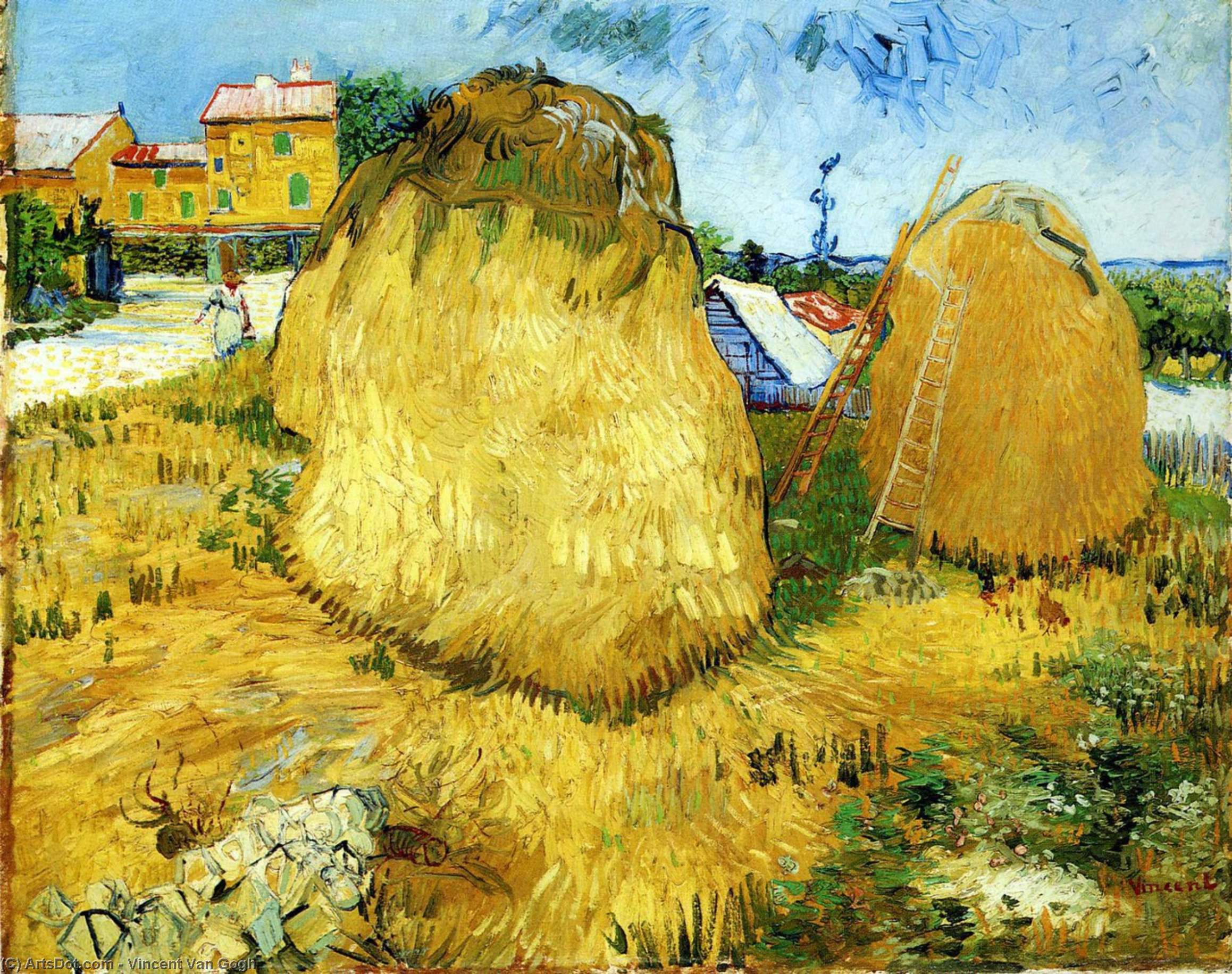 WikiOO.org - Encyclopedia of Fine Arts - Malba, Artwork Vincent Van Gogh - Stacks of Wheat near a Farmhouse