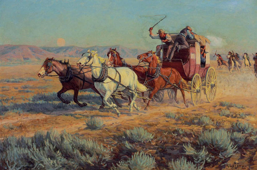 Wikioo.org - The Encyclopedia of Fine Arts - Painting, Artwork by Richard Lorenz - Stagecoach Pursued by Mounted Indians