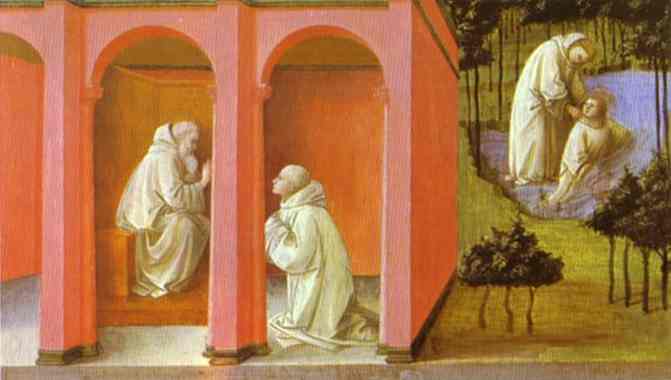 Wikioo.org - The Encyclopedia of Fine Arts - Painting, Artwork by Fra Filippo Lippi - St. Benedict Orders St. Maurus to the Rescue of St. Placidus