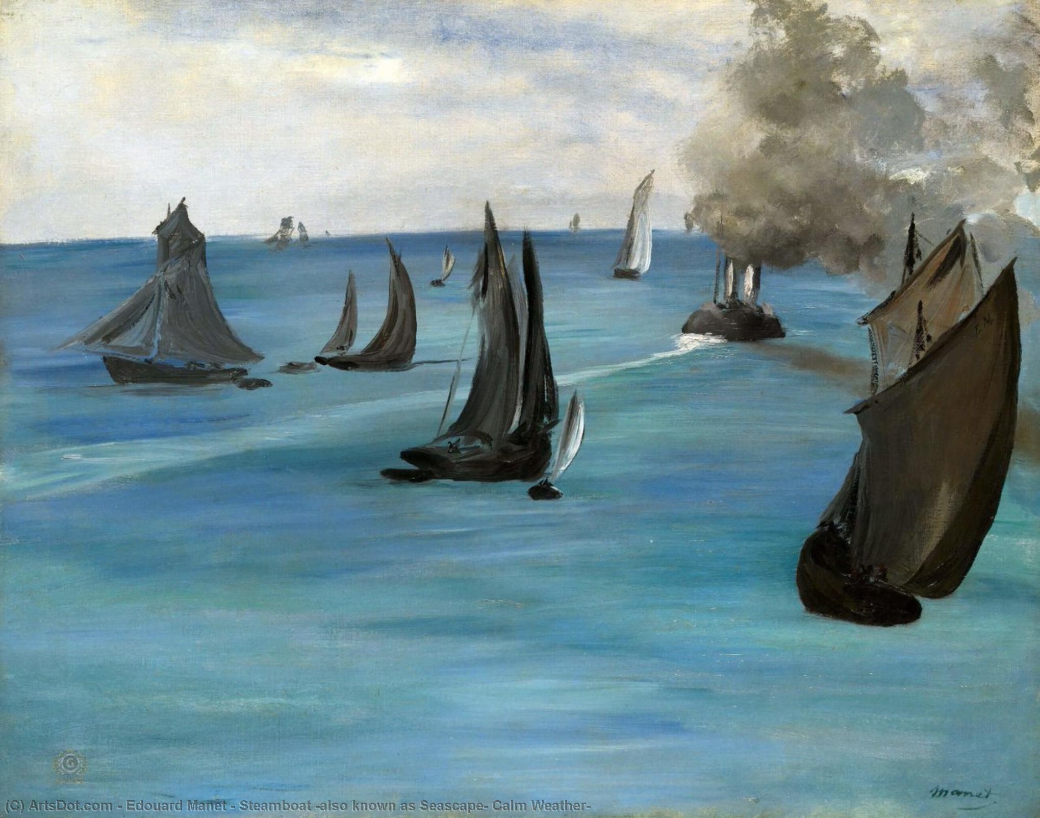 WikiOO.org – 美術百科全書 - 繪畫，作品 Edouard Manet - 汽船 还  已知  作为  海景  平静  天气