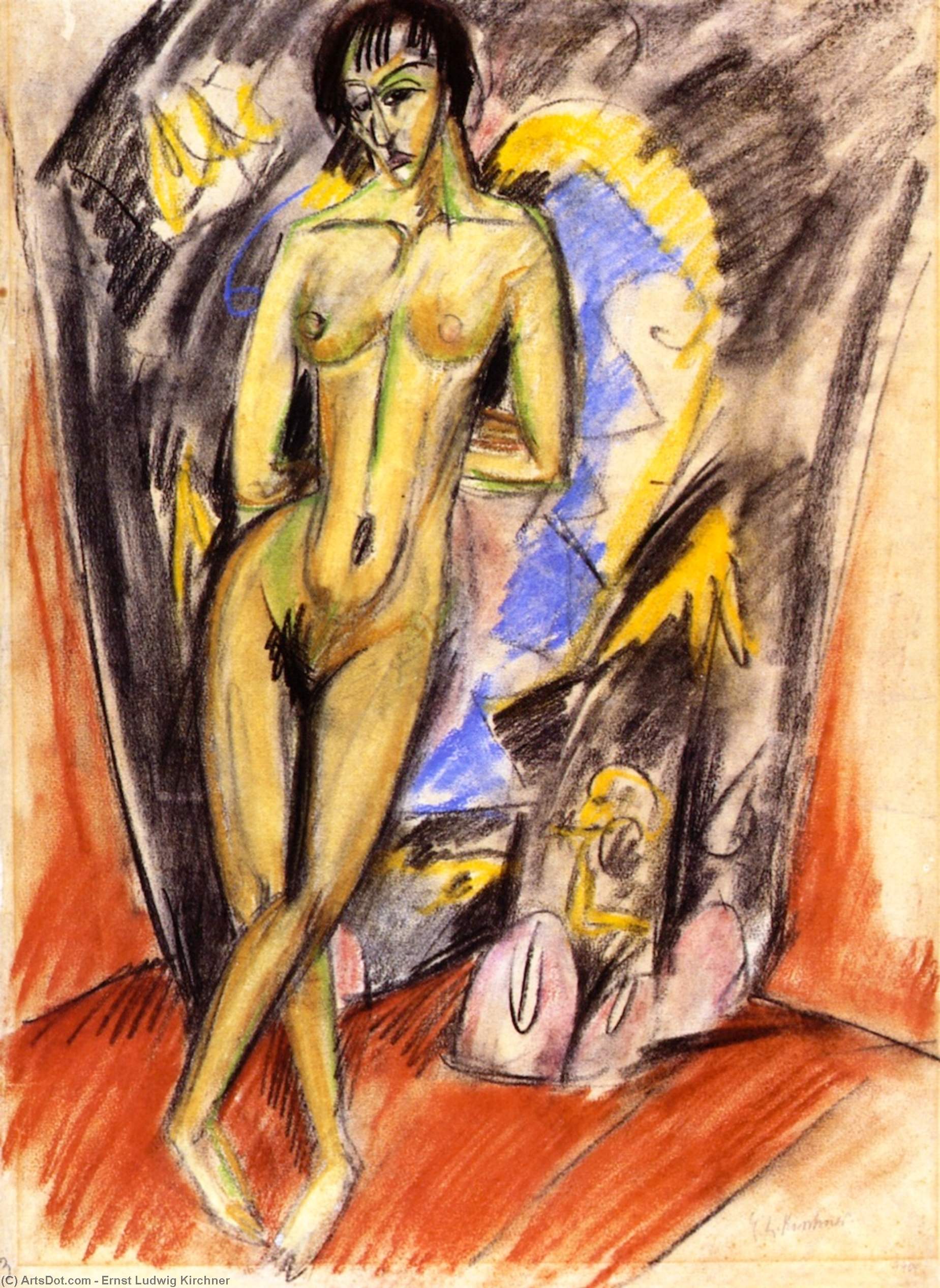 Wikioo.org - Die Enzyklopädie bildender Kunst - Malerei, Kunstwerk von Ernst Ludwig Kirchner - stehender akt vor dm Zelt