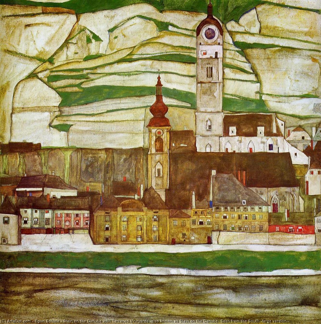 Wikioo.org - The Encyclopedia of Fine Arts - Painting, Artwork by Egon Schiele - Stein on the Danube with Terraced Vineyards (also known as Stein on the Danube, Seen from the South (large version))
