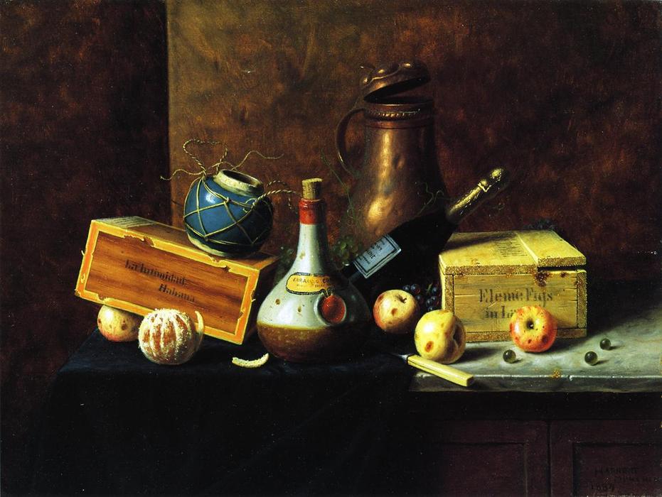 Wikioo.org - The Encyclopedia of Fine Arts - Painting, Artwork by William Michael Harnett - Still Life (also known as Copper tankard, bos, apples, wine bottles, ginger pot, cigar box and peeled orange)