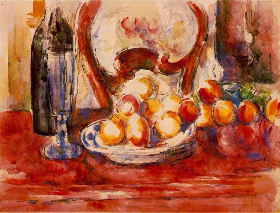 WikiOO.org - Enciclopedia of Fine Arts - Pictura, lucrări de artă Paul Cezanne - Still Life - Apples, a Bottle and Chairback