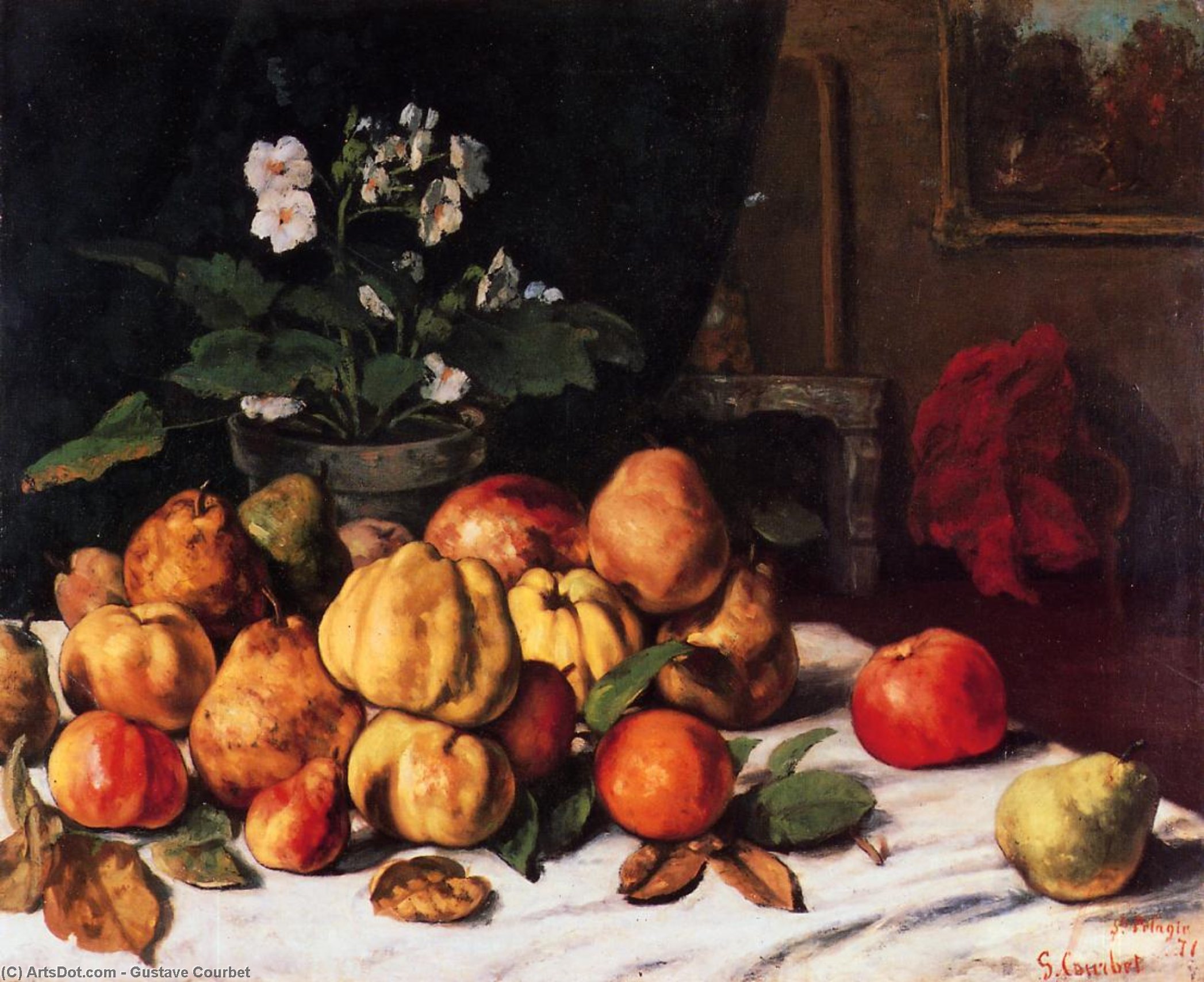 Wikioo.org - The Encyclopedia of Fine Arts - Painting, Artwork by Gustave Courbet - Still Life: Apples, Pears and Primroses on a Table
