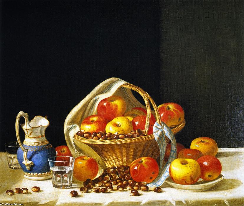 Wikioo.org – La Enciclopedia de las Bellas Artes - Pintura, Obras de arte de John F Francis - naturaleza muerta - Cesto de manzanas y castañas sobre una mesa