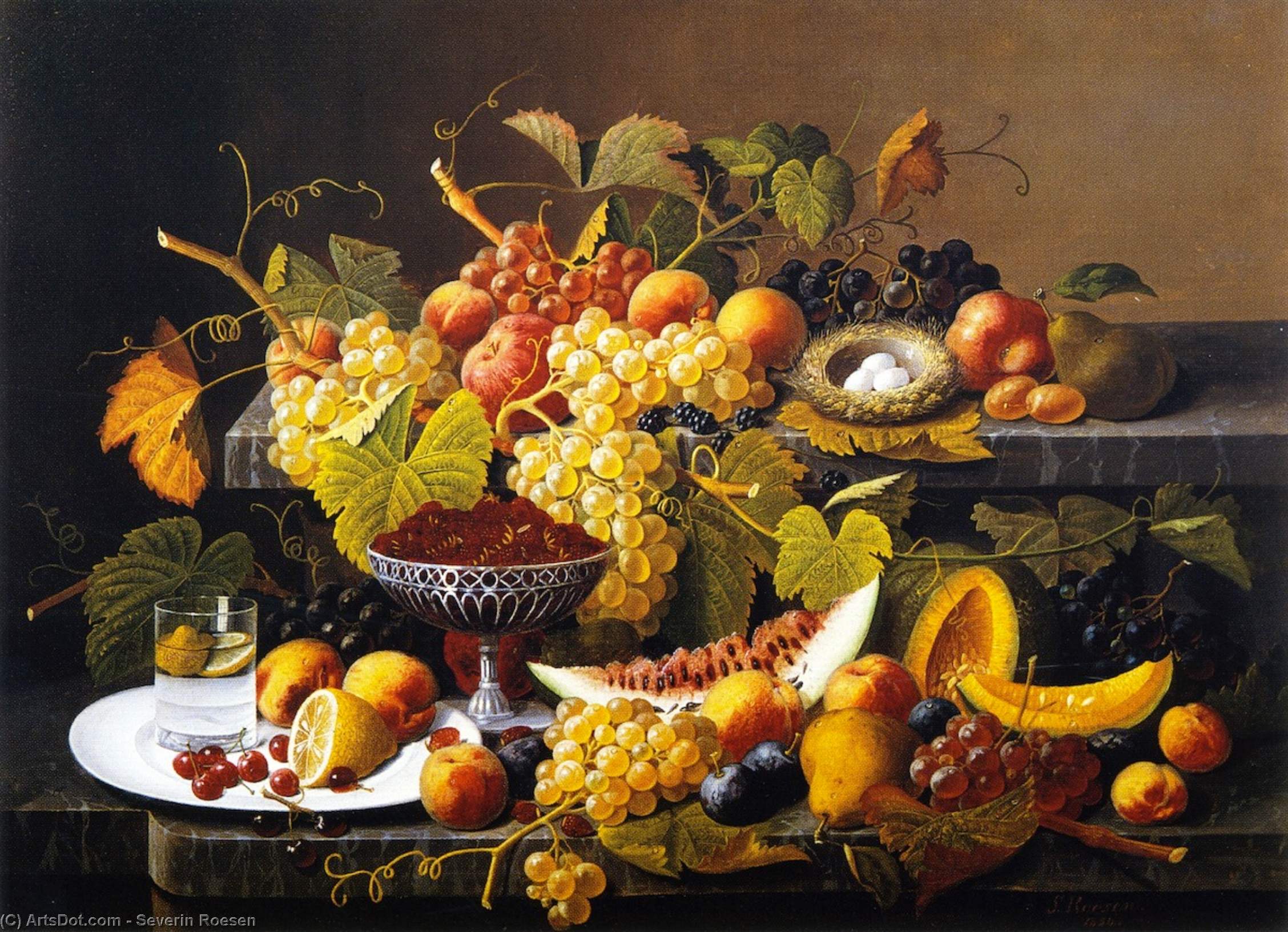 Wikioo.org - The Encyclopedia of Fine Arts - Painting, Artwork by Severin Roesen - Still LIfe - Basket of Apples and Chestnuts on a Table