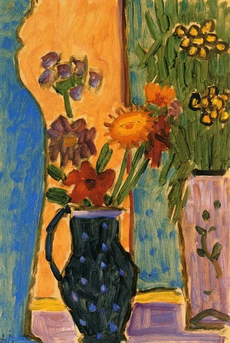 Wikioo.org - The Encyclopedia of Fine Arts - Painting, Artwork by Alexej Georgewitsch Von Jawlensky - Still LIfe: Flowers with Blue Vases and Pink Wallpaper