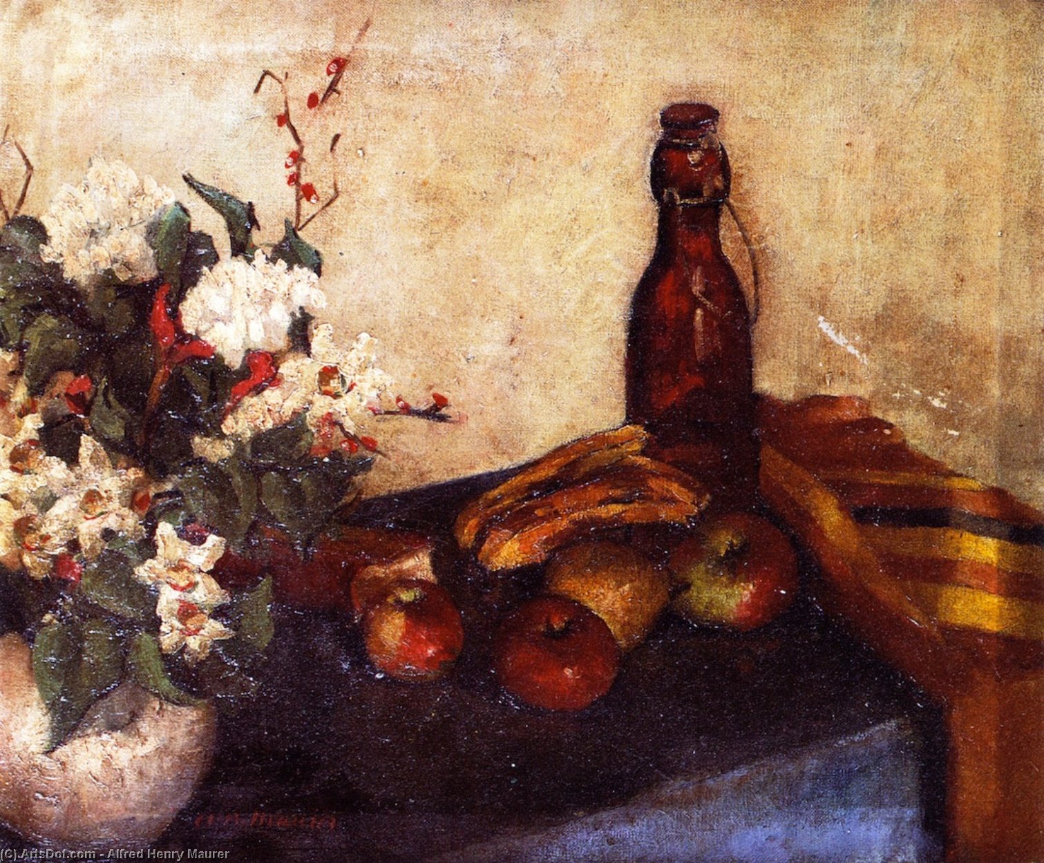 Wikioo.org - The Encyclopedia of Fine Arts - Painting, Artwork by Alfred Henry Maurer - Still LIfe of Flowers in a Bowl, Fruit and a Glass Bottle