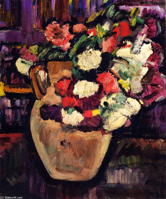 Wikioo.org - The Encyclopedia of Fine Arts - Painting, Artwork by George Leslie Hunter - A Still Life of Flowers in a Yellow Jug