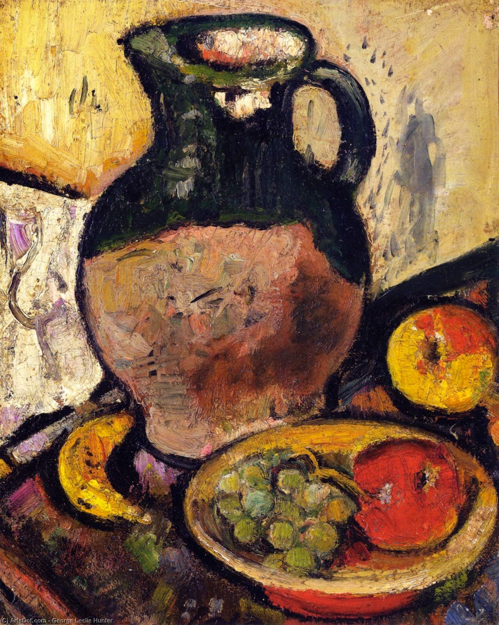 Wikioo.org - The Encyclopedia of Fine Arts - Painting, Artwork by George Leslie Hunter - A Still LIfe of Fruit and Green Jug