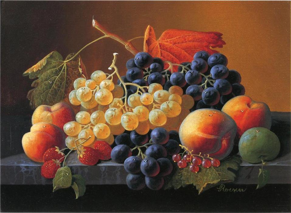 Wikioo.org – La Enciclopedia de las Bellas Artes - Pintura, Obras de arte de Severin Roesen - naturaleza muerta de fruta en  Un  canica  Mesa