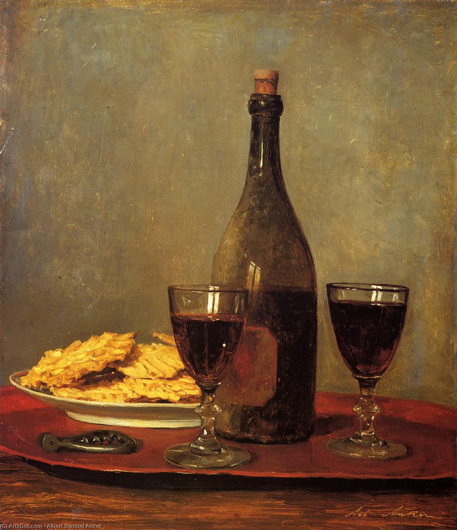 Wikioo.org – L'Encyclopédie des Beaux Arts - Peinture, Oeuvre de Albert Samuel Anker - vie encore : Deux Verre de vin rouge , une bouteille du vin , une Tirebouchon et un Plaque des Biscuits sur une Plateau