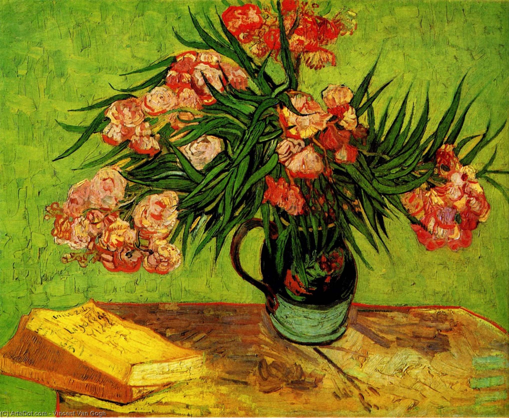Wikioo.org – La Enciclopedia de las Bellas Artes - Pintura, Obras de arte de Vincent Van Gogh - naturaleza muerta jarrón  enestado  Adelfas  asícomo  libros