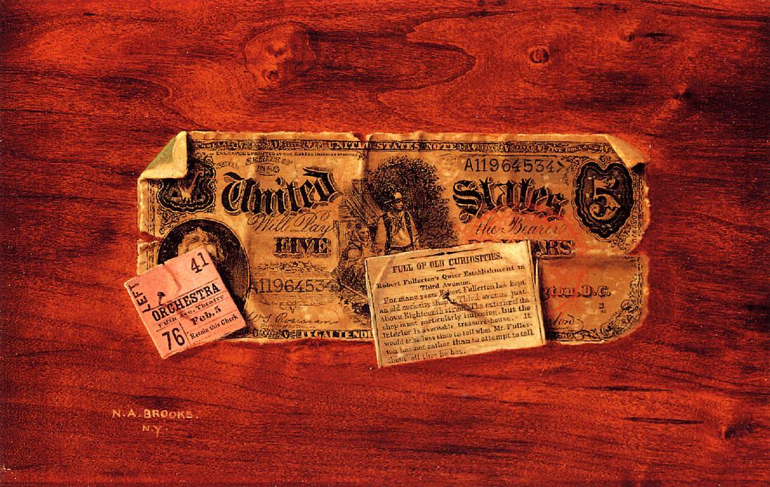 WikiOO.org - Güzel Sanatlar Ansiklopedisi - Resim, Resimler Nicholas Alden Brooks - Still Life with $5 Bill, Ticket Stub and Newspaper Clipping