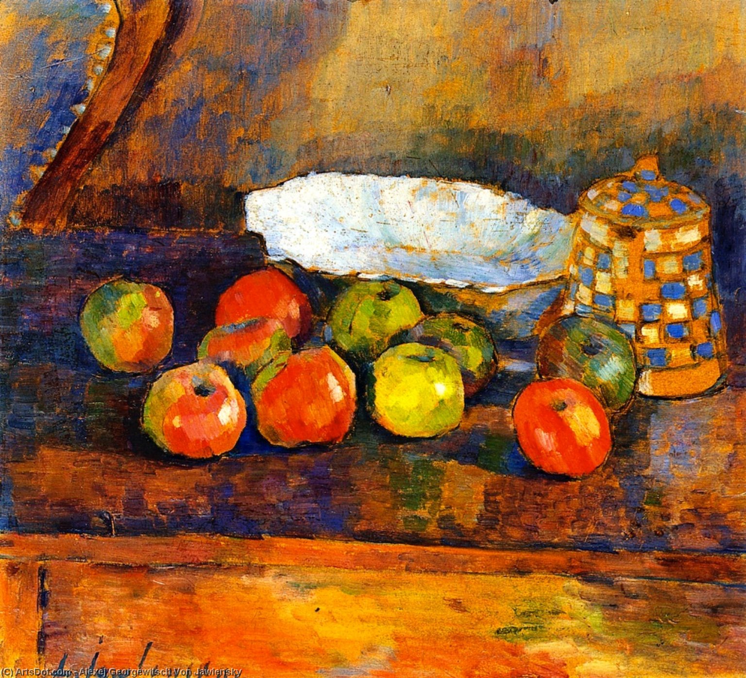 Wikioo.org - The Encyclopedia of Fine Arts - Painting, Artwork by Alexej Georgewitsch Von Jawlensky - Still LIfe with Apples, Blue Bowl and Coffee Pot